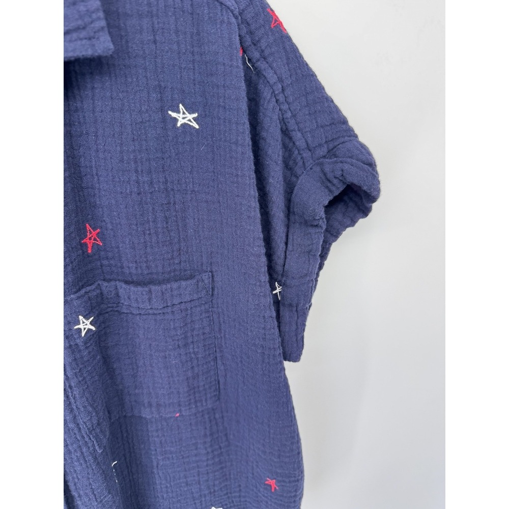Beachlunchlounge Button Up Shirt Womens Large Blue Star Embroidered Tie Cropped - Picture 2 of 5
